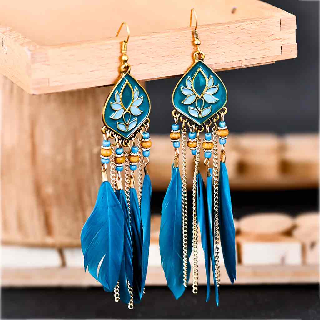 Premium | Ethnic Chain Blue Lotus Feather Earrings