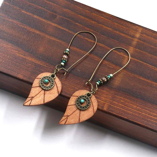Boho Wooden Leaf Earrings with Turquoise