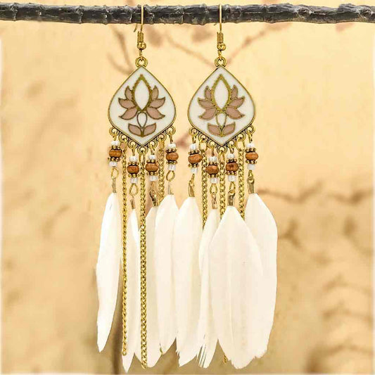 Premium | White Lotus Boho Feather Earrings