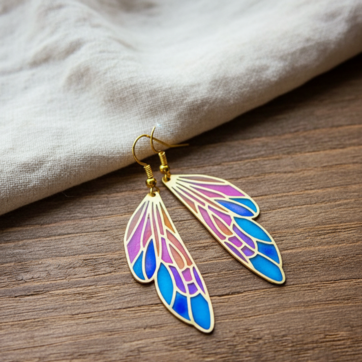 Butterflu earrings on table with cream colored cloth