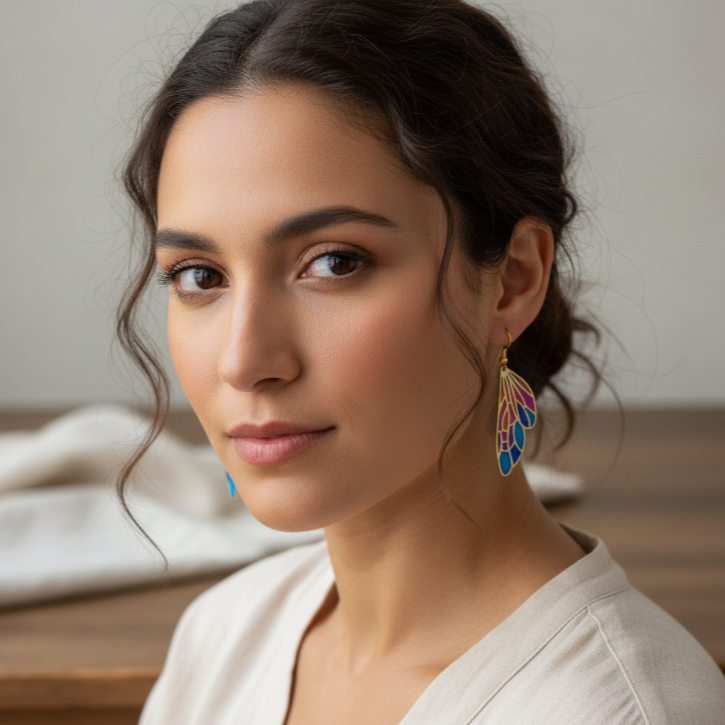 Woman wearing colorful earrings with a neutral background
