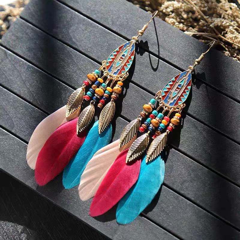 Feather Earrings-Long Earrings-Rainbow Colored