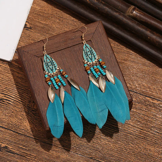 Long Earrings-Blue Feather Earrings