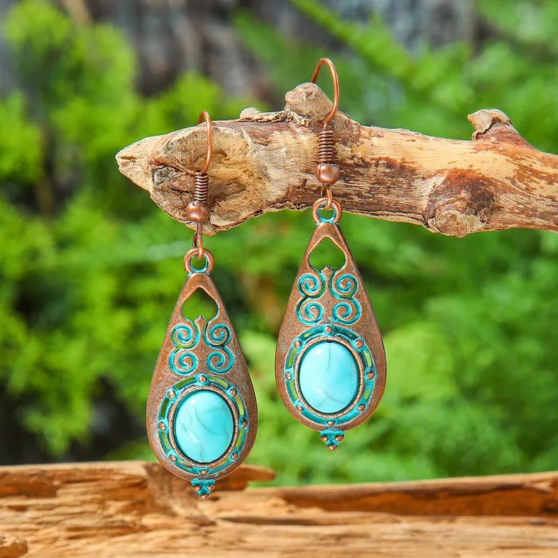 1- Boho Turquoise Drop Earrings - Oxidised earrings for Women