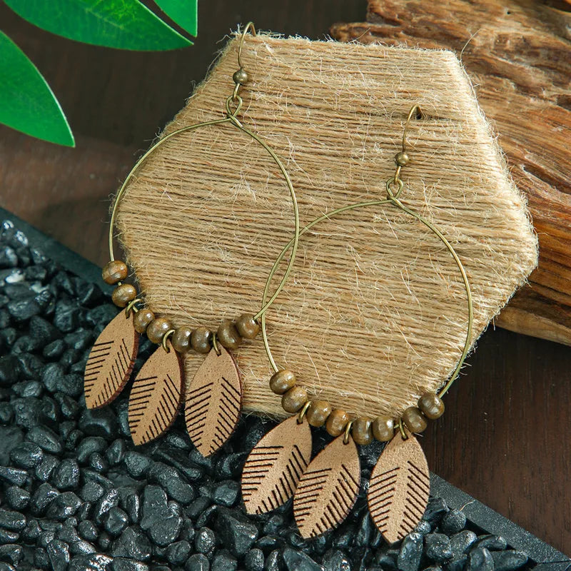 Boho Hoop Earrings - Wooden Leaf and Bead Earrings