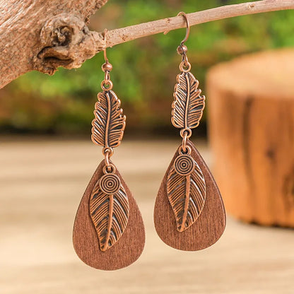 Boho Oxidized Copper Earrings - Leaf and Wood Earrings