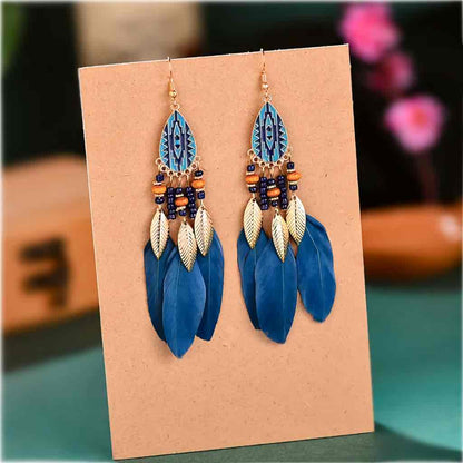 Premium Boho Feather - Angel eye leaf earring - Navy Blue