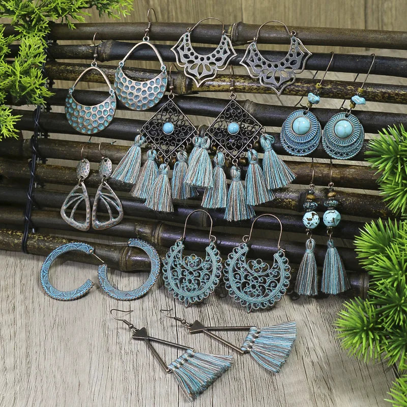 Detailed view of oxidised earrings showing hammered texture and rustic blue-green patina | Zuzu's Trove
