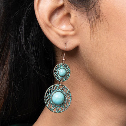 1- Turquoise Dreams Metal Drop Earrings (Two layered)- Boho Drop Earrings