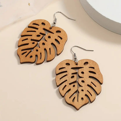 Big Earrings-Long wood Tropical Leaf Earrings