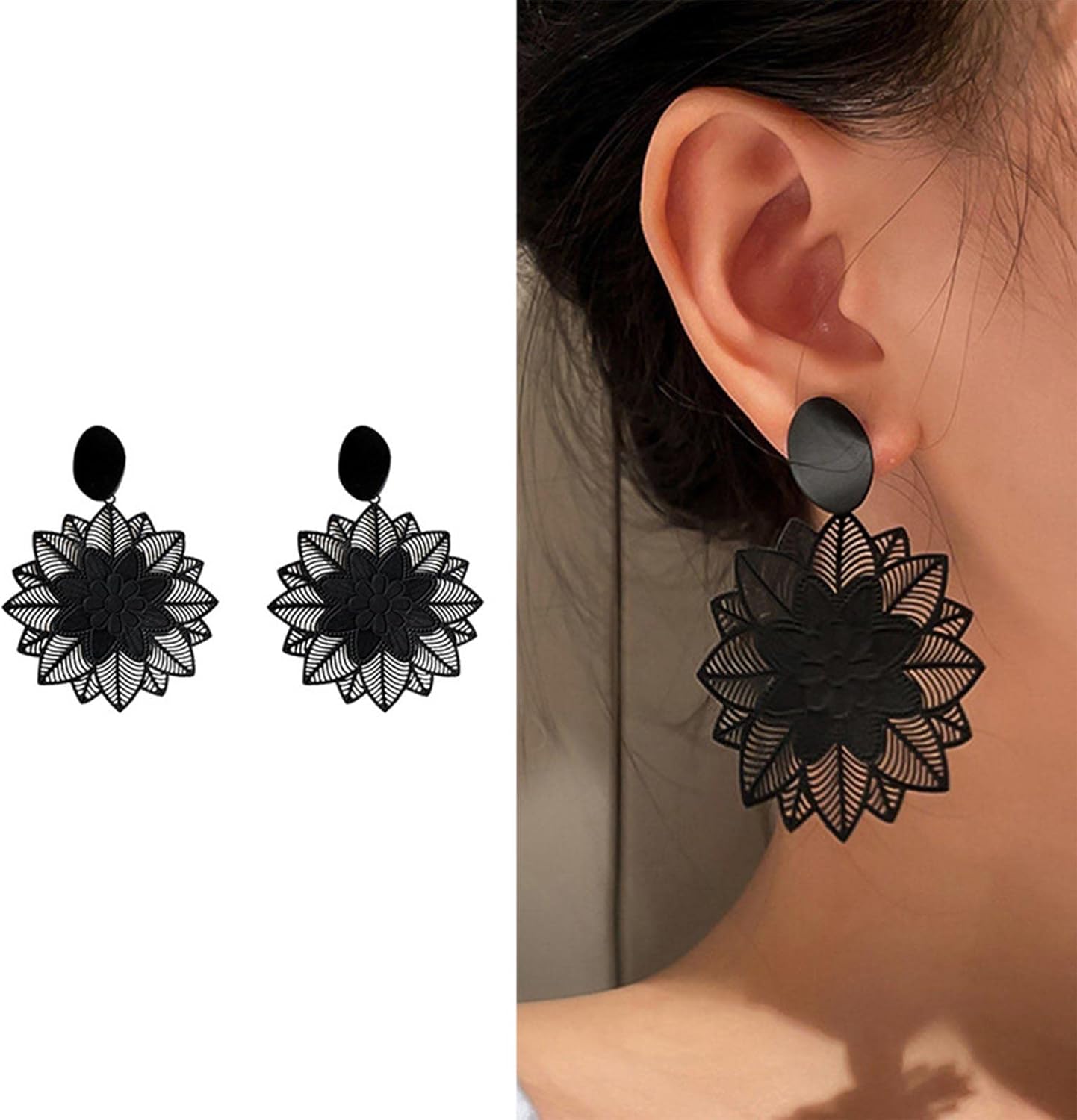 Elegant Black Earrings-Statement Earrings-Geometric Flower Earrings