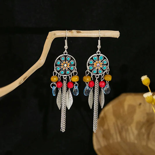 Ethnic Chain Earrings-Silver Earrings-Blue Stone Earrings