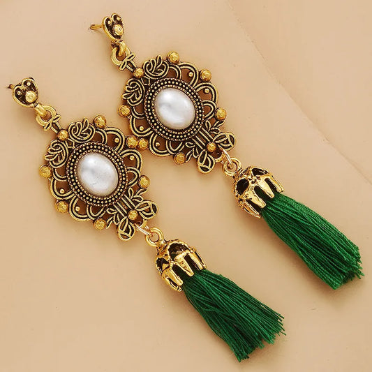 Ethnic Pearl Dangler Earring- Green