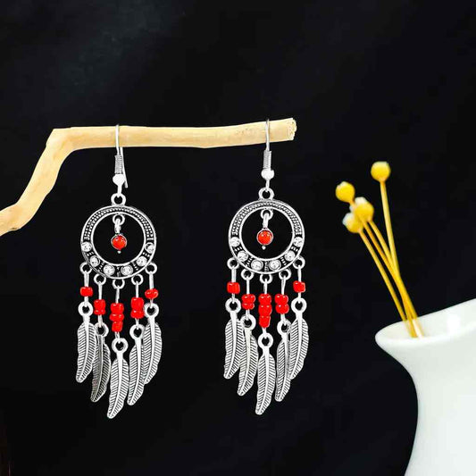 Small Silver Ethnic Danglers - Circle Red Beads - Style 4