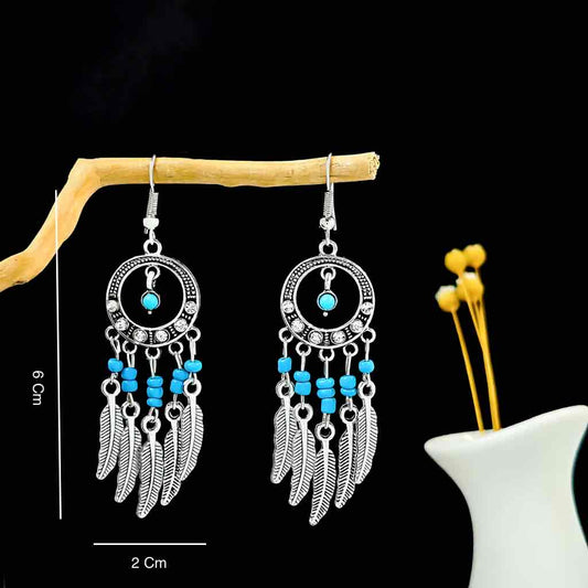 Small Silver Ethnic Danglers - Circle Blue Beads - Style 3