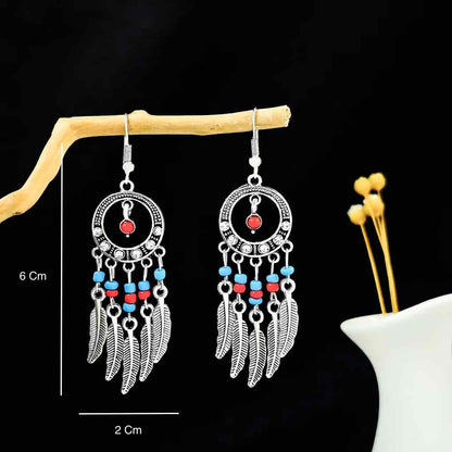 Small Silver Ethnic Danglers - Circle Red and Blue Beads - Style 5