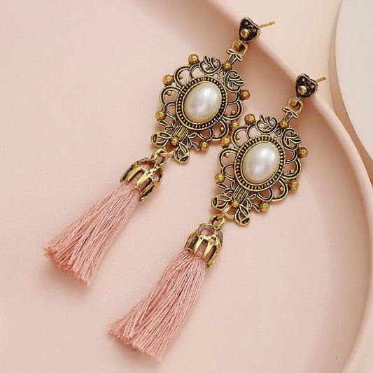 Premium | Ethnic Pearl Dangler Earring - Pink