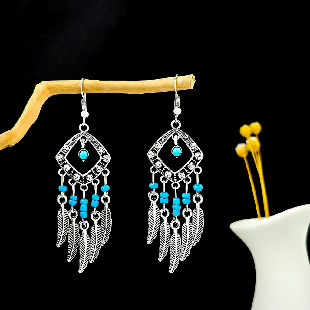 Small Silver Ethnic Danglers - Blue Beads - Style 1