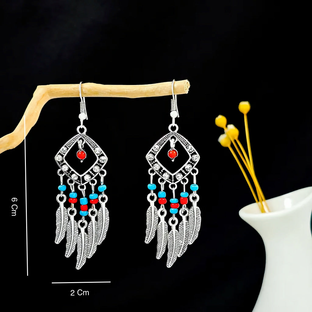 Small Silver Ethnic Danglers - Blue and Red Beads - Style 2