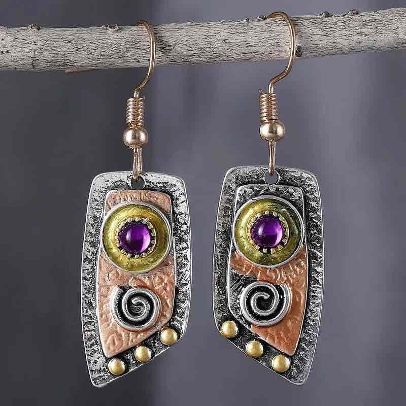 Front view of an earrings - Antique Earrings - Boho Purple Stone Earrings - Zuzus Trove