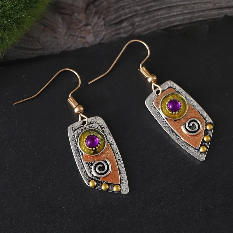 Front view of an earrings - Antique Earrings - Boho Purple Stone Earrings - Zuzus Trove