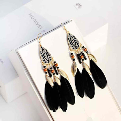 Front view of an earrings - Black Earrings - Beaded Feather Black Earrings - Zuzus Trove