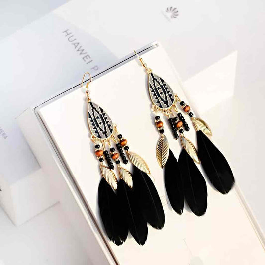 Image of an earring - Black Earrings - Beaded Feather Black Earrings by Zuzus Trove