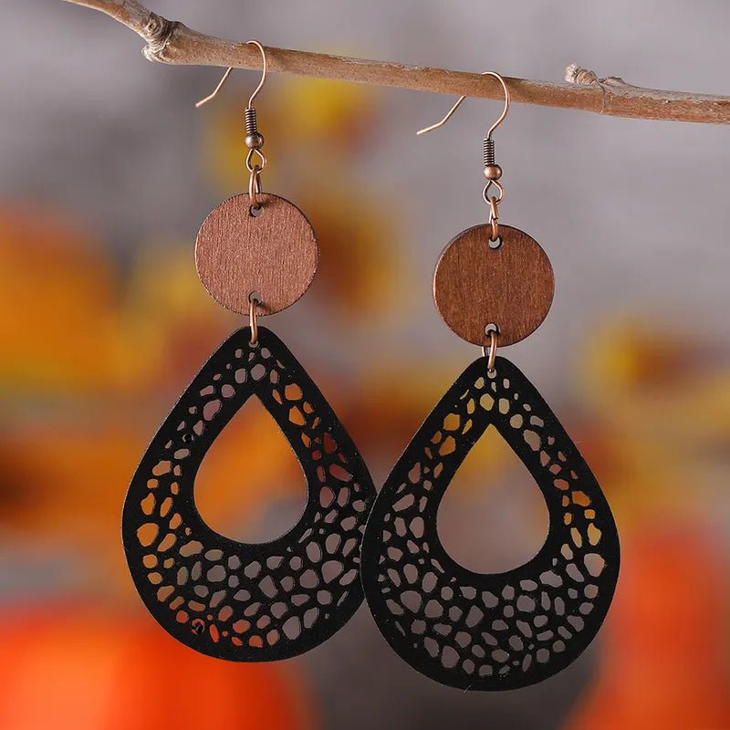 Front view of an earrings - Black Earrings - Western Wood Earrings - Zuzus Trove