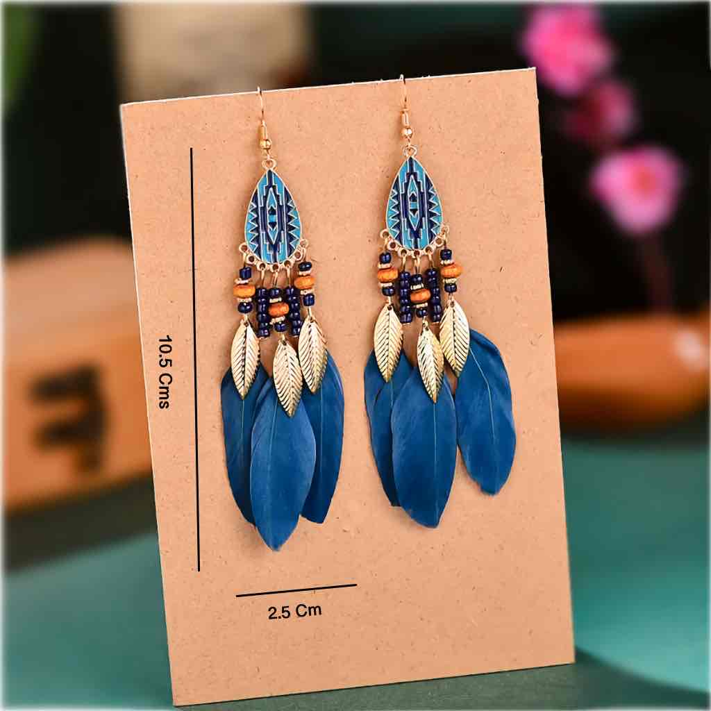 Front view of an earrings - Blue Earrings - Royal Blue Feather Drop Earrings - Zuzus Trove