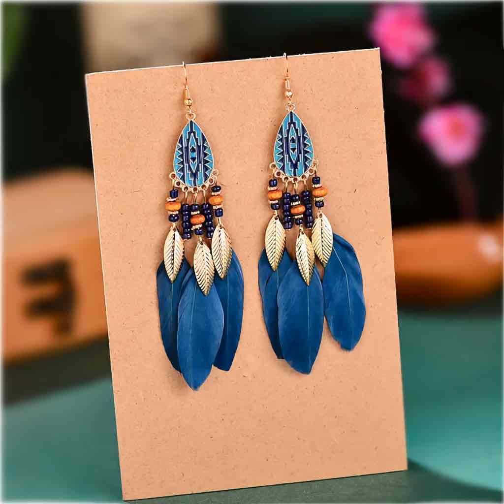 Front view of an earrings - Blue Earrings - Royal Blue Feather Drop Earrings - Zuzus Trove