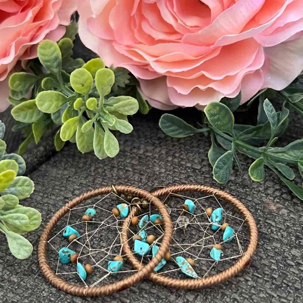 Front view of an earrings - Blue Stone Earrings - Western Dream Catcher Earrings - Zuzus Trove