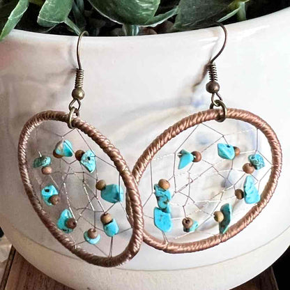 Front view of an earrings - Blue Stone Earrings - Western Dream Catcher Earrings - Zuzus Trove