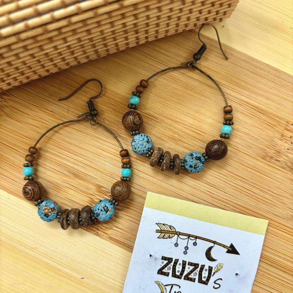 Front view of an earrings - Boho Rasti Hoops (Beaded Blue) - Zuzus Trove