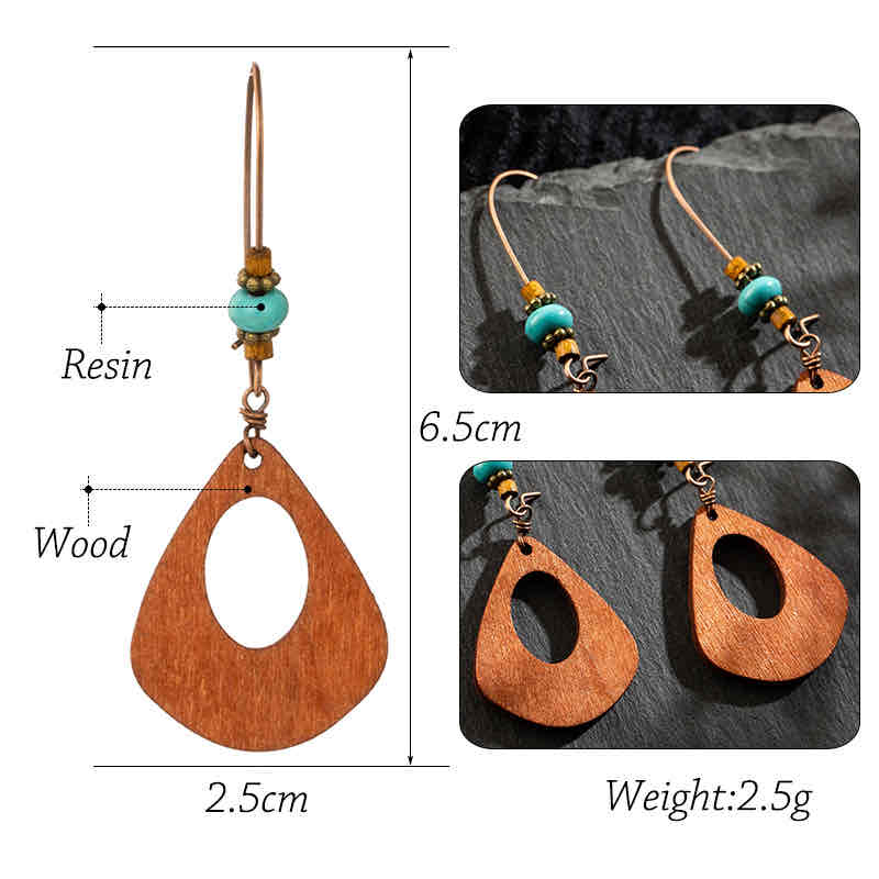 Front view of an earrings - Boho - Wooden Earrings - Long Earrings (Oval Cut) - Zuzus Trove