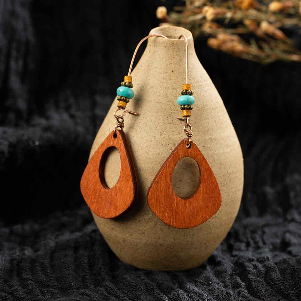 Front view of an earrings - Boho - Wooden Earrings - Long Earrings (Oval Cut) - Zuzus Trove