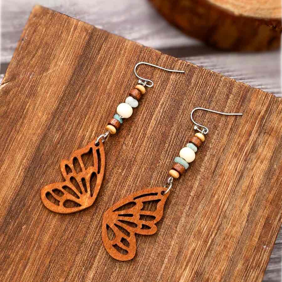 Front view of an earrings - Butterfly Earrings - Boho Wood Earrings - Zuzus Trove - Style 2 - Zuzus Trove