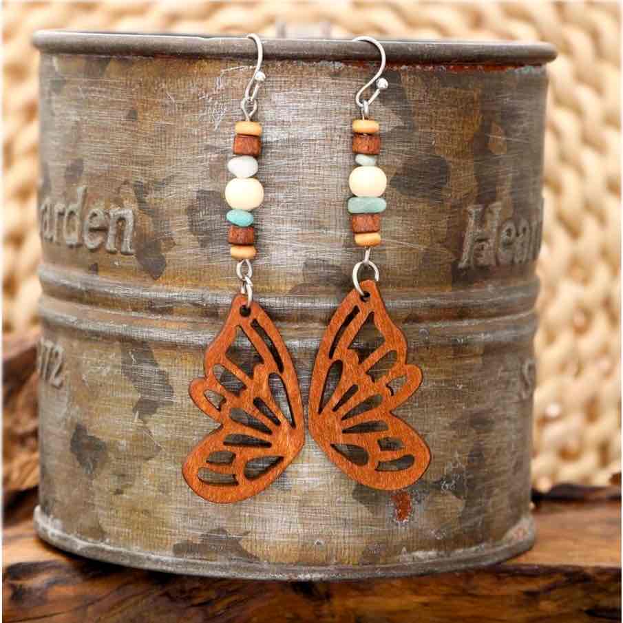 Front view of an earrings - Butterfly Earrings - Boho Wood Earrings - Zuzus Trove - Style 2 - Zuzus Trove