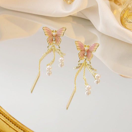 Image of an earring - Butterfly Earrings - Luxury Chain Pearl Dangle Earrings - Hypoallergenic Alloy - Pink by Zuzus Trove