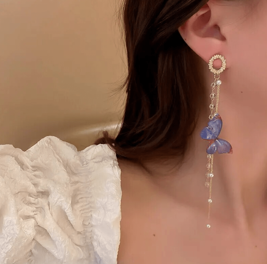 Front view of an earrings - Butterfly Earrings - Luxury Chain Pearl Earrings - Hypoallergenic Alloy - Blue Zuzus Trove - Zuzus Trove