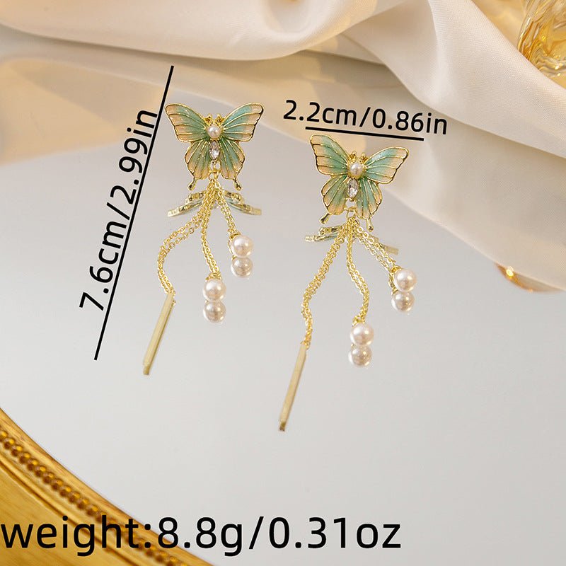 Front view of an earrings - Butterfly Earrings - Luxury Chain Pearl Earrings - Hypoallergenic Alloy - Green Zuzus Trove - Zuzus Trove