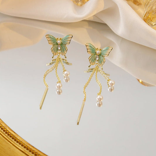 Image of an earring - Butterfly Earrings - Luxury Chain Pearl Earrings - Hypoallergenic Alloy - Green by Zuzus Trove