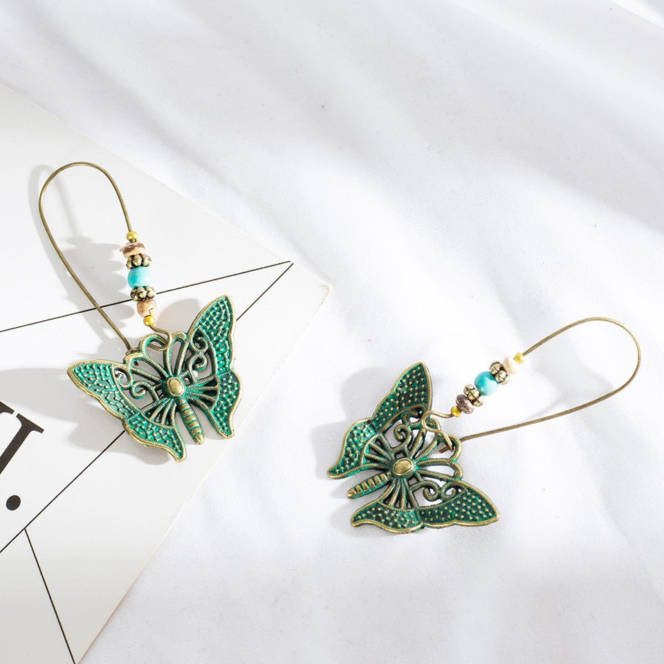 Front view of an earrings - Butterfly Earrings - Premium Boho Oxidised Earrings - Green - Zuzus Trove