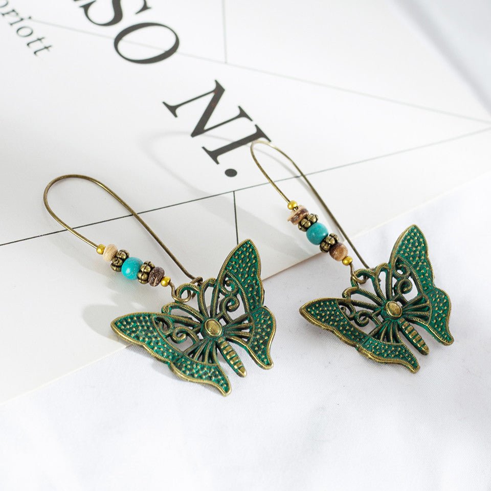 Front view of an earrings - Butterfly Earrings - Premium Boho Oxidised Earrings- Green - Zuzus Trove