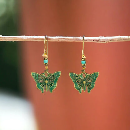 Front view of an earrings - Butterfly Earrings - Premium Boho Oxidised Earrings  Green - Zuzus Trove