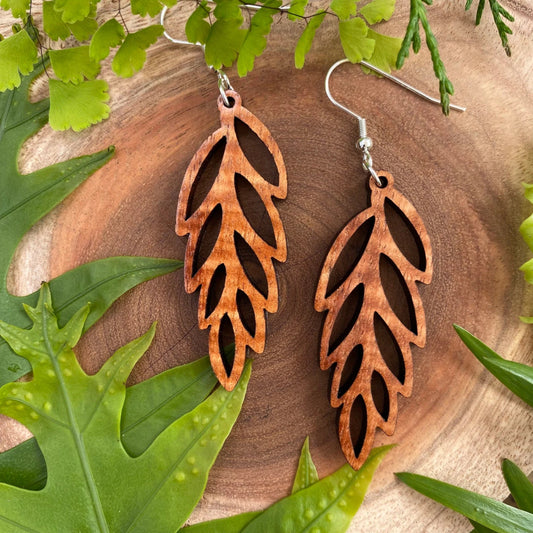 Front view of an earrings - Dangler Earrings - Weeping Willow Delicate Wood Leaf Earrings - Zuzus Trove