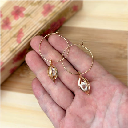 Front view of an earrings - Delicate Gold Hoop earring with quartz - Zuzus Trove