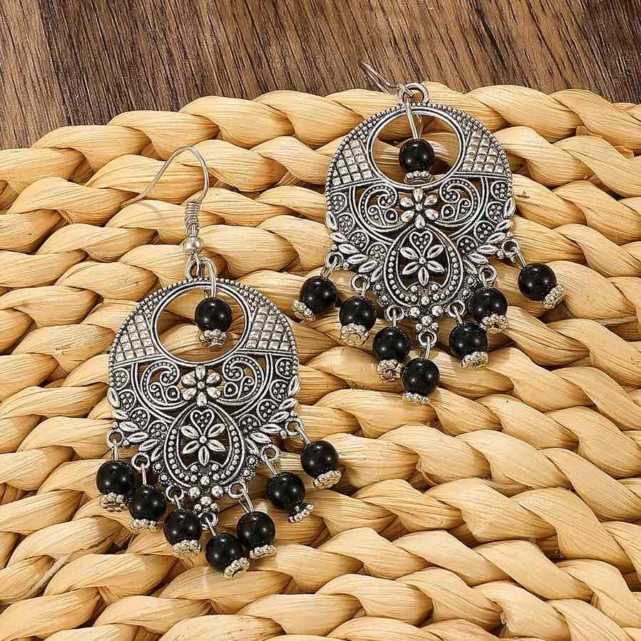 Front view of an earrings - Ethnic Black Beaded Danglers - Zuzus Trove