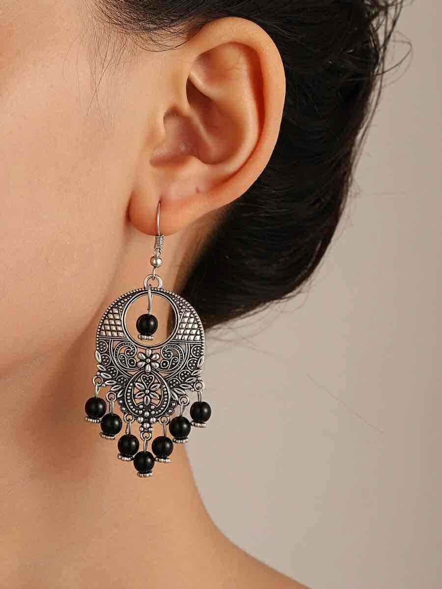 Front view of an earrings - Ethnic Black Beaded Danglers - Zuzus Trove