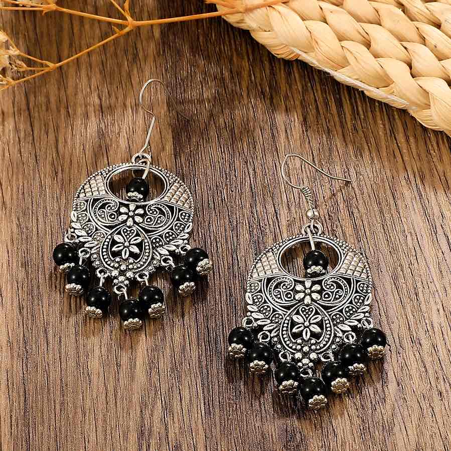 Front view of an earrings - Ethnic Black Beaded Danglers - Zuzus Trove