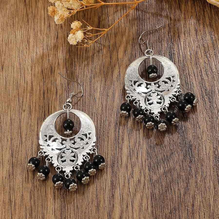 Front view of an earrings - Ethnic Black Beaded Danglers - Zuzus Trove